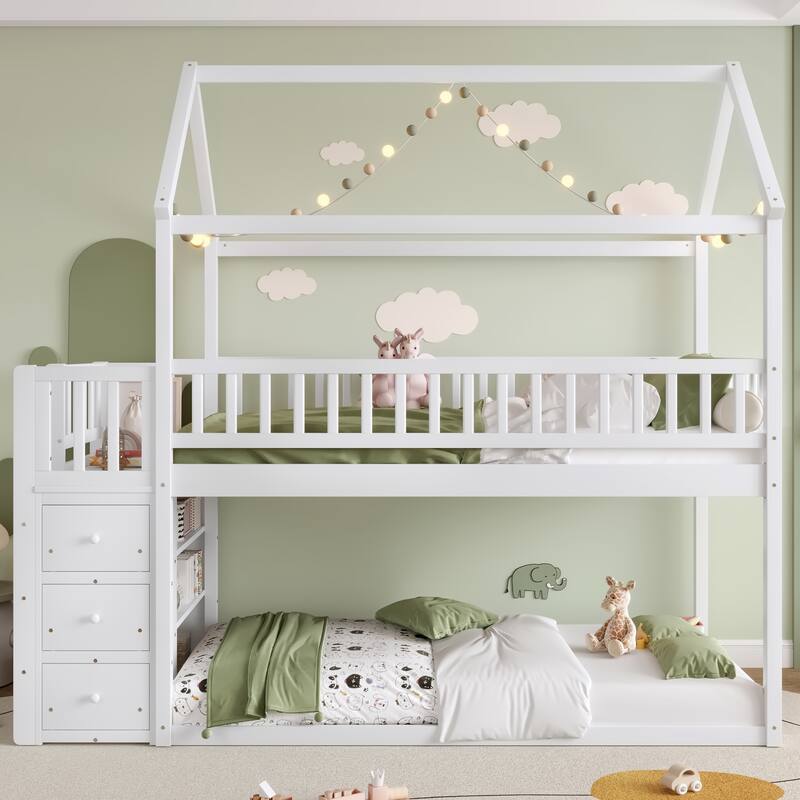 Twin over Twin House Shaped Bunk Bed, Solid Pine Wood Floor Bunk Bed Frame with Shelves and 3 Drawers, No Box Spring Needed