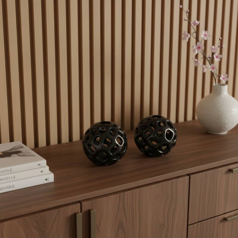 HomeRoots Set of Two Black Aluminum Hand Painted Decorative Orbs - 4.00 in. x 4.00 in. x 4.00 in. - Black - 4.00 in. x 4.00 in.  x 4.00 in.