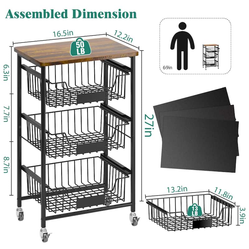 4-Tier Vegetable Fruit Basket Kitchen Storage Rolling Cart on Wheels with Pull-Out Baskets and Wood Top