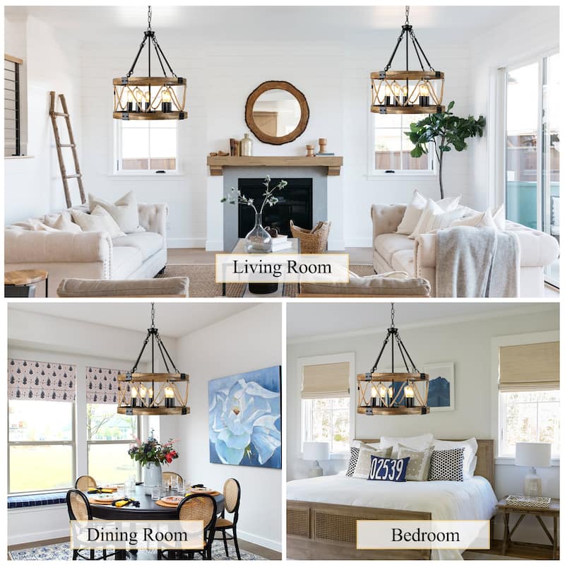 Oaks Aura Wooden Chandelier,Farmhouse Wood Pendant Light,Caged Light Height Adjustable Hanging Lamp for Living Room,Dining Room