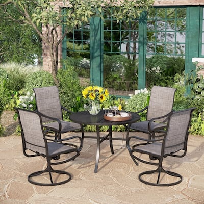 MAISON ARTS 5-Piece Patio Dining Set of 4 Sling Swivel Chairs and 1 Round E-coating Dining Table with Umbrella Hole