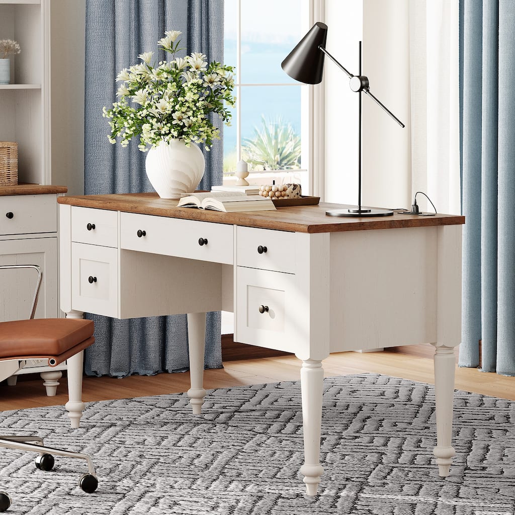 56'' Farmhouse Executive Desk with Drawers White/Oak - 5 Drawers and 2 Doors