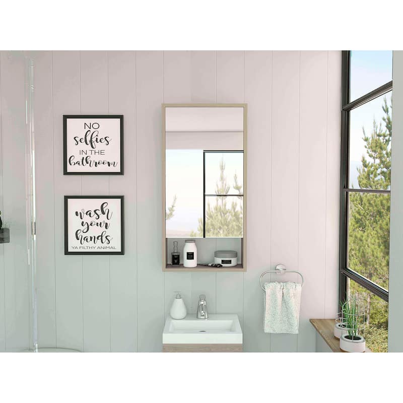 Medicine Cabinet - Large Mirror, Single Door, 2 Interior Shelves, 1 External Shelf, Wall-Mounted Storage - 17.9X5.6 in - Gray + Particle Board