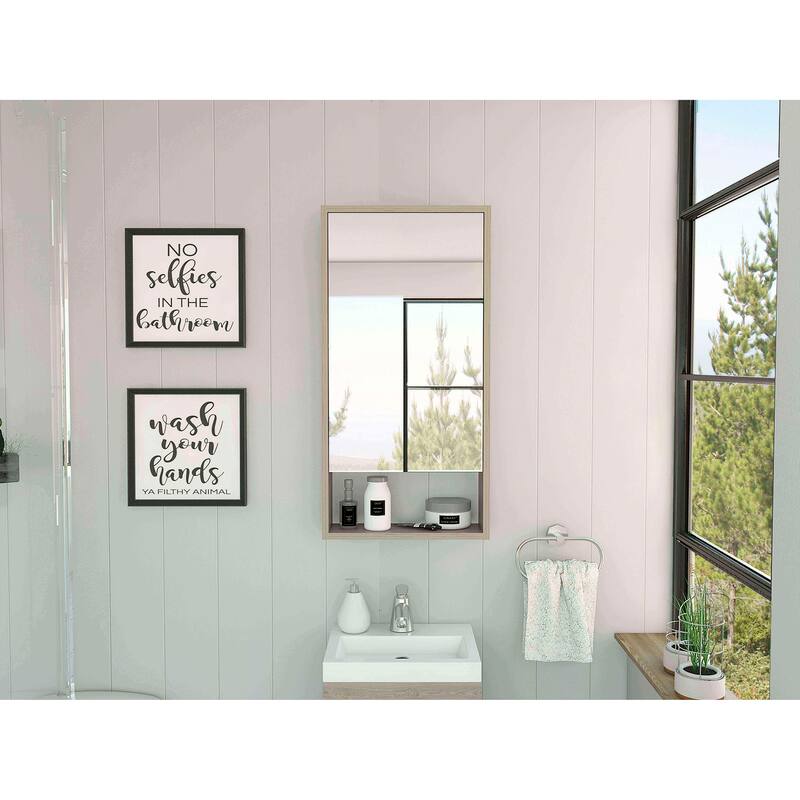 Medicine Cabinet with Mirror, One External Shelf and Two Internal Shelves, Light Gray Finish for Bathroom or Bedroom - 17.9X5.6 in - Gray + Particle Board