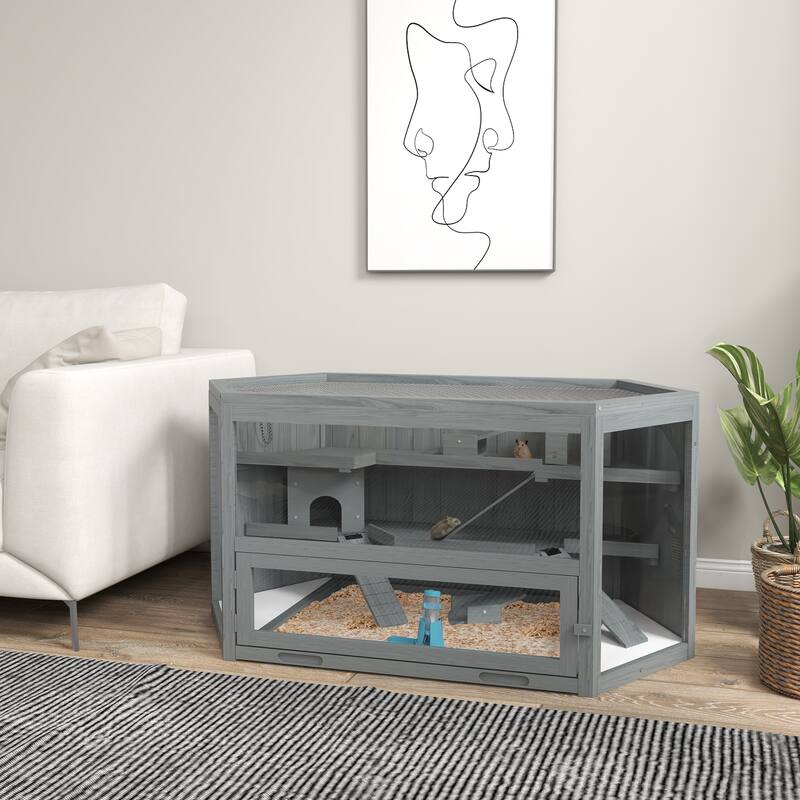 Grey Fir Wood 3-Tier Hamster Cage with Clear Walls and Seesaw Toy - 45.3" L x 23.6" W x 21.7" H - Grey