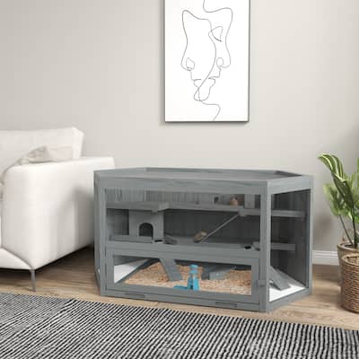 Grey Fir Wood 3-Tier Hamster Cage with Clear Walls and Seesaw Toy - 45.3" L x 23.6" W x 21.7" H