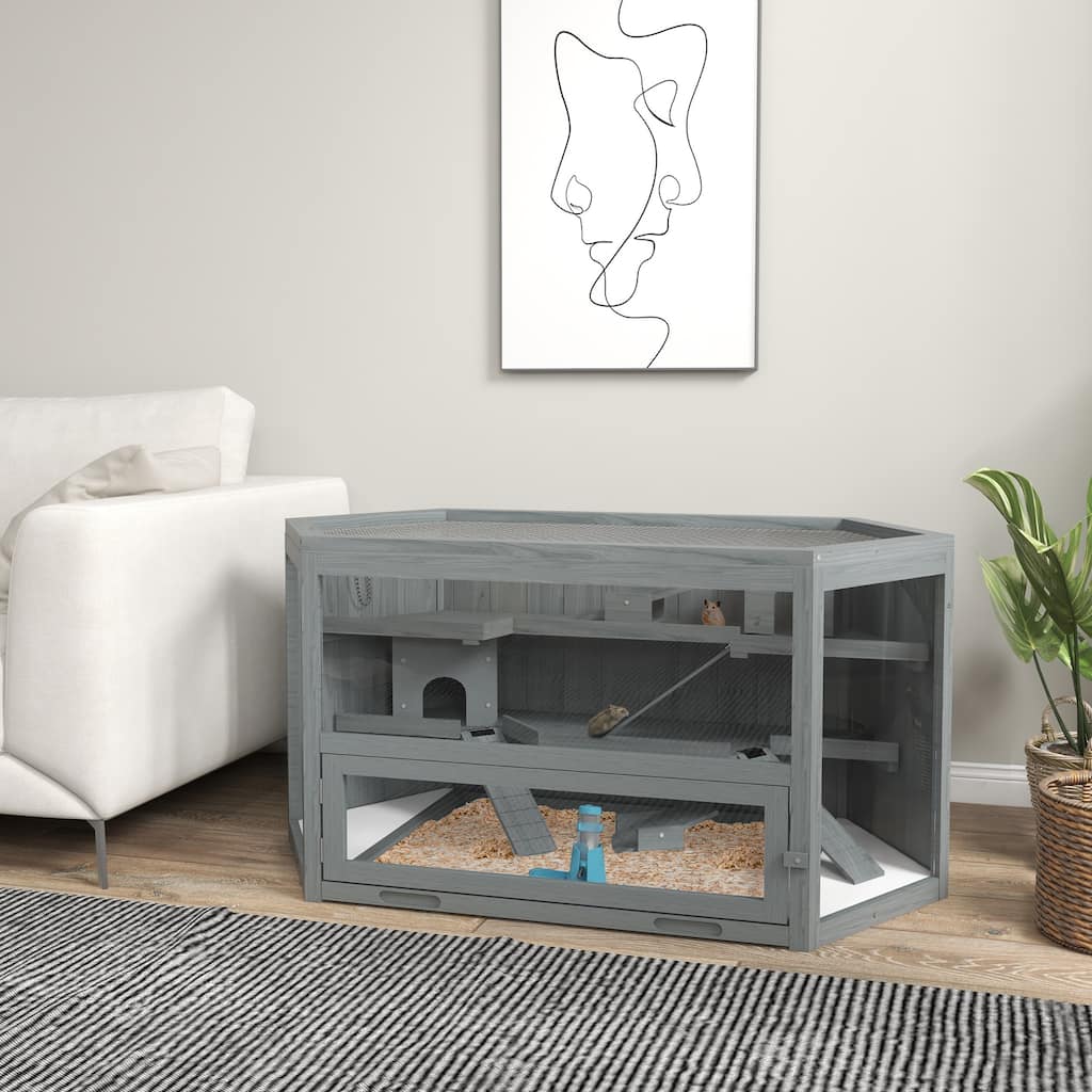 Grey Fir Wood 3-Tier Hamster Cage with Clear Walls and Seesaw Toy - 45.3" L x 23.6" W x 21.7" H