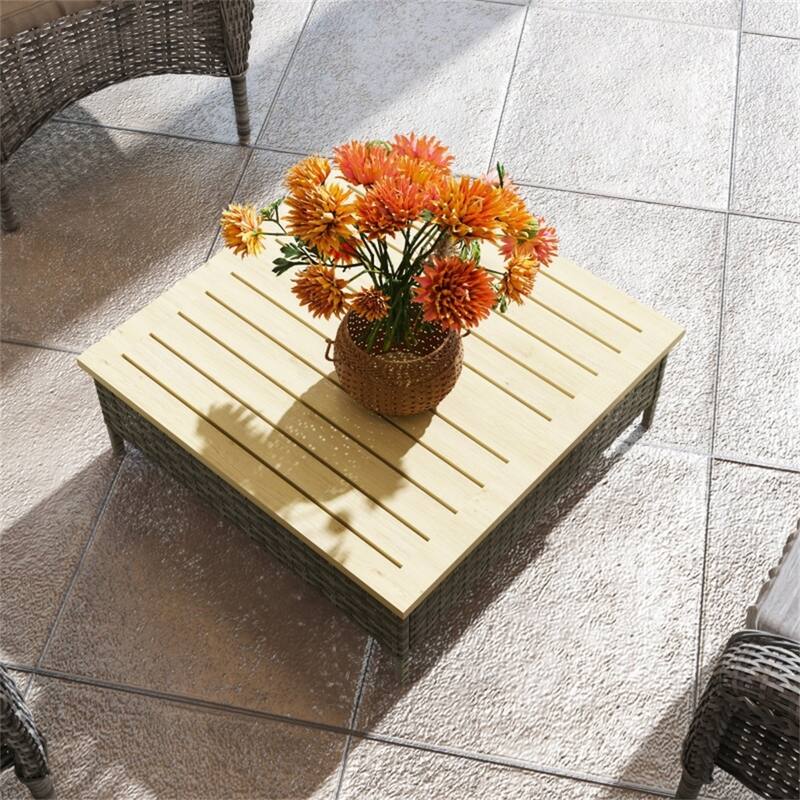Grey Nature Wood Fir and Steel Rustic Patio End Table with PE Rattan - 27.6" L x 27.6" W x 9.8" H
