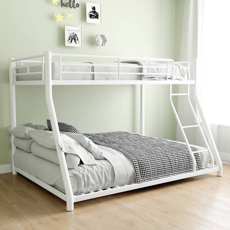Twin Over Full Metal Bunk Bed with Removable Stairs, Heavy Duty Frame, 12-Inch Under-Bed Storage, No Box Spring Needed, White