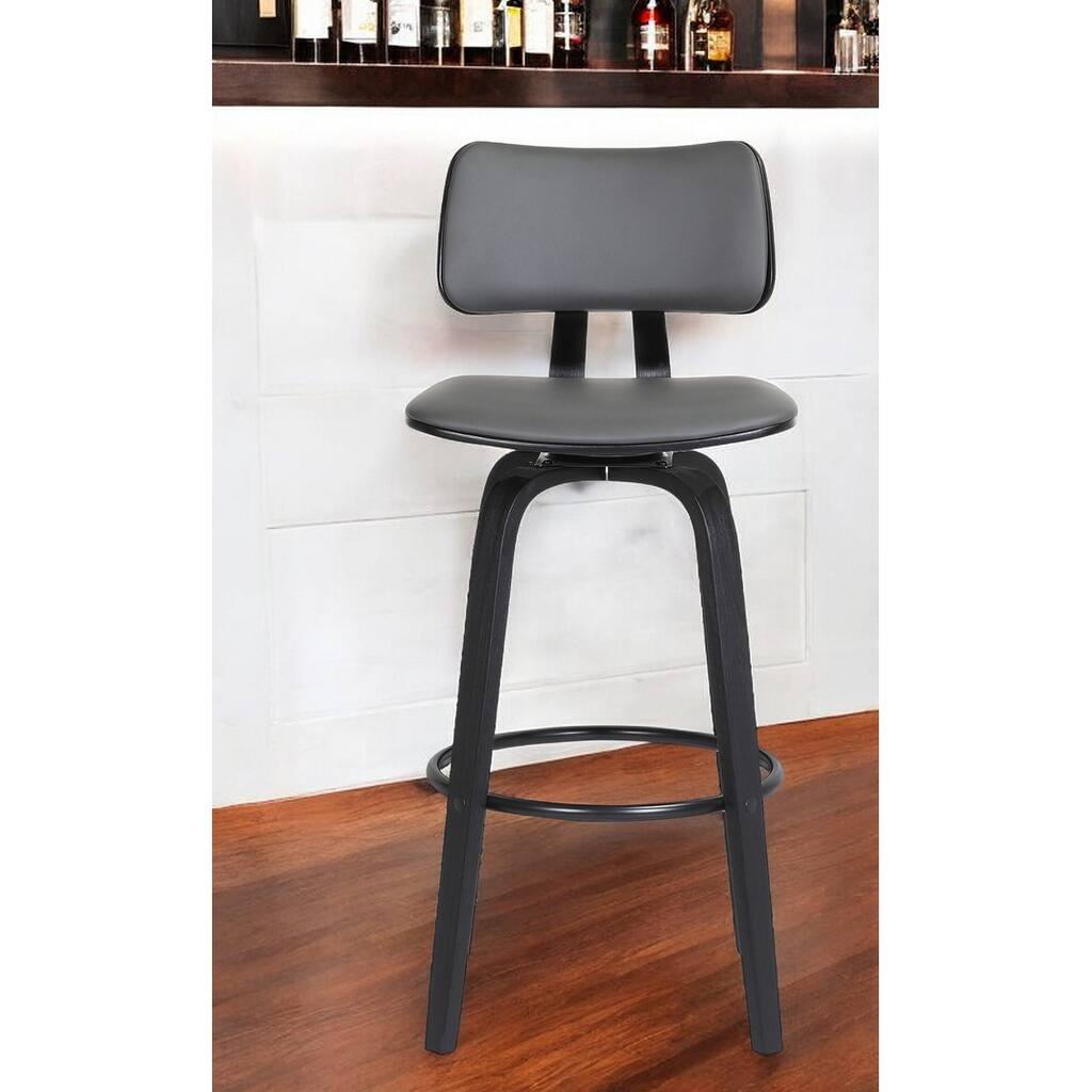 30" Gray And Black Faux Leather Swivel Low Back Bar Height Bar Chair
