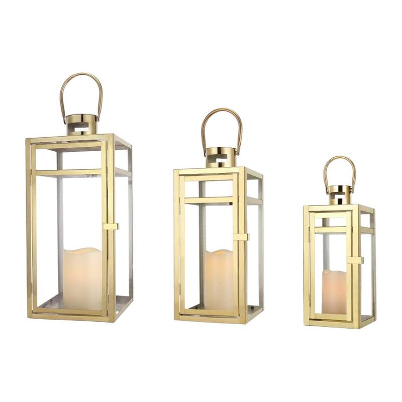Set of Three Clear And Gold Glass And Stainless Steel Tabletop Lantern Candle Holders