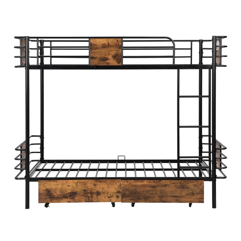 Industrial Twin XL Metal Bunk Bed with Guardrail, Storage Drawers, and Ladder