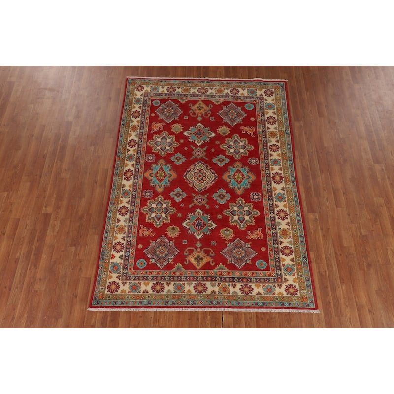Red Geometric Kazak Area Rug Handmade Traditional Wool Carpet - 5'6" x 7'9"