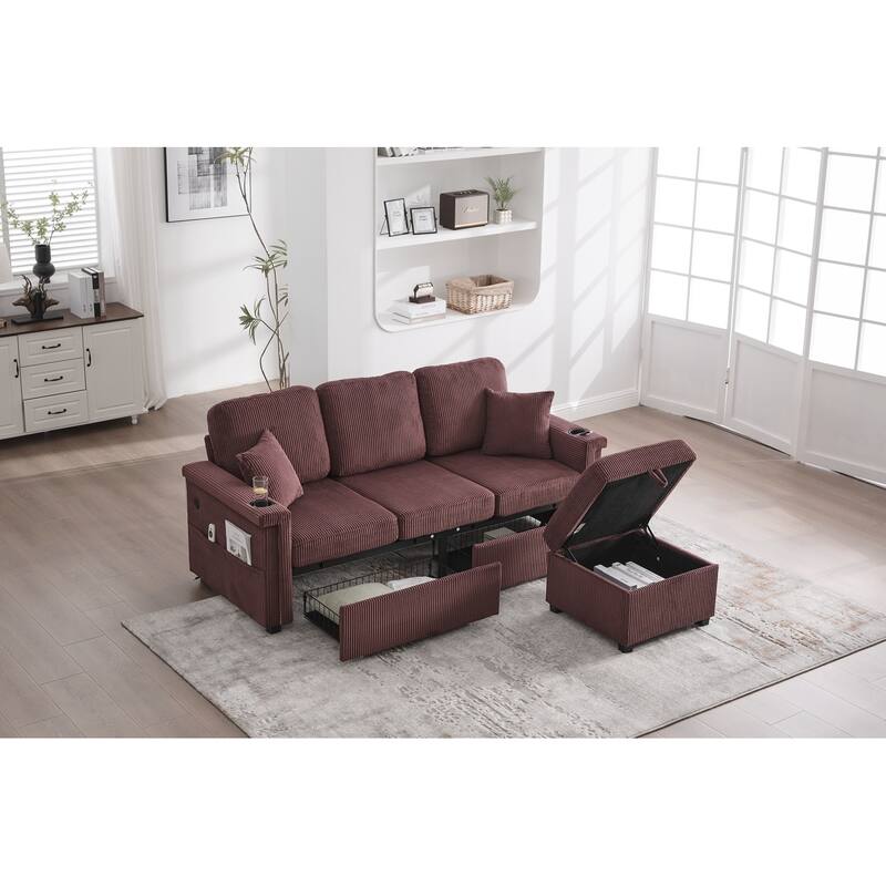 L-Shaped Sectional Sofa with Pull-Out Storage,Ottoman & Pillows 3-Seat with USB Charging,Cup Holder, Convertible Design