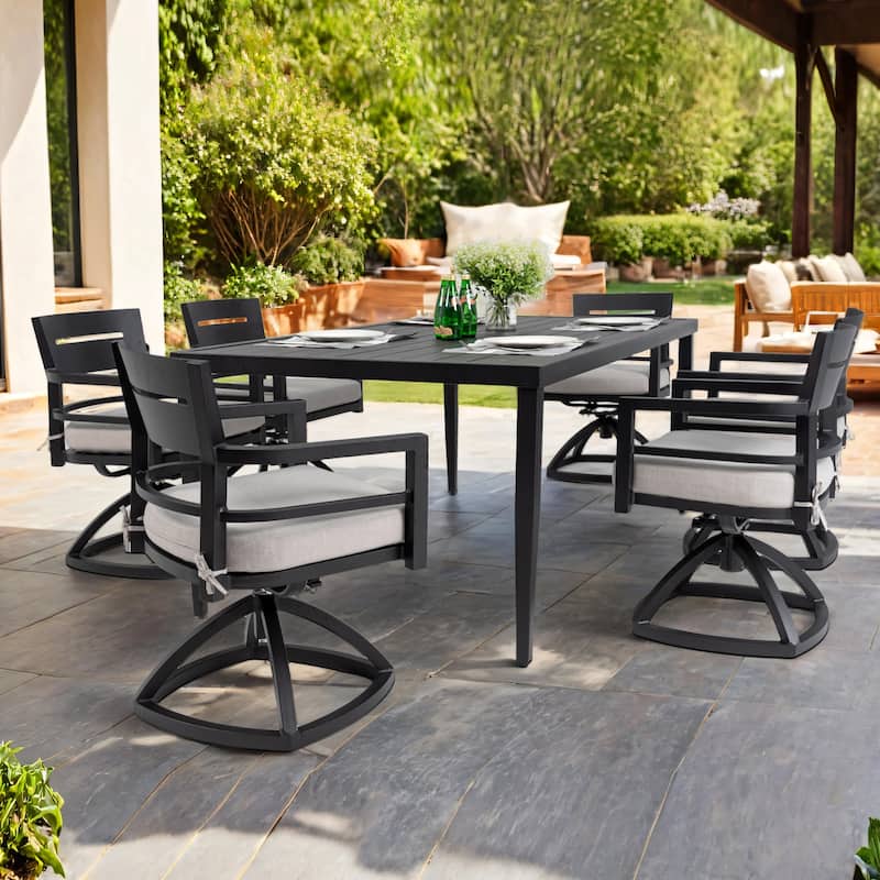 7 Piece Outdoor Aluminium Furniture Set, Patio Dining Table Chair Set with Rectangle Dining Table and 6 Swivel Chair - Ember Black