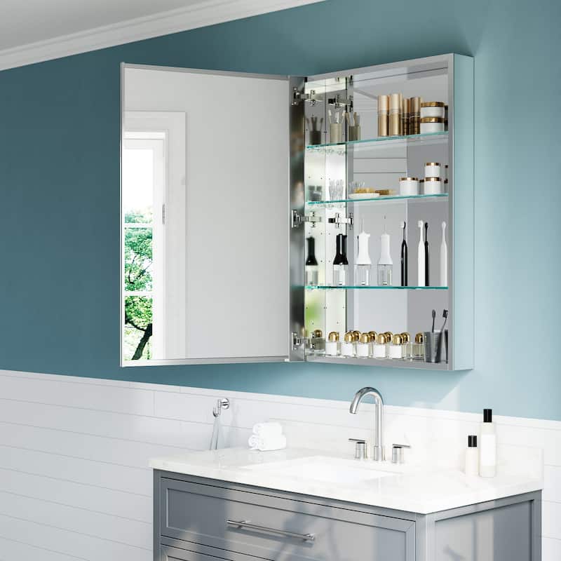 24x36" Tri-View Mirrored Medicine Cabinet, Soft-Close Blum Hinges, Reversible Bi-View Door, Recess/Surface Mount, Aluminum Body