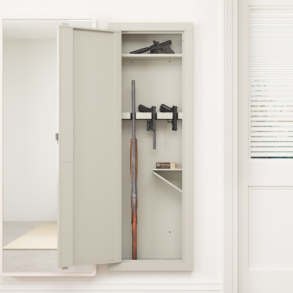Beige In Wall Hidden Gun Cabinet Gun Safe w Keypad Adjustable Rack