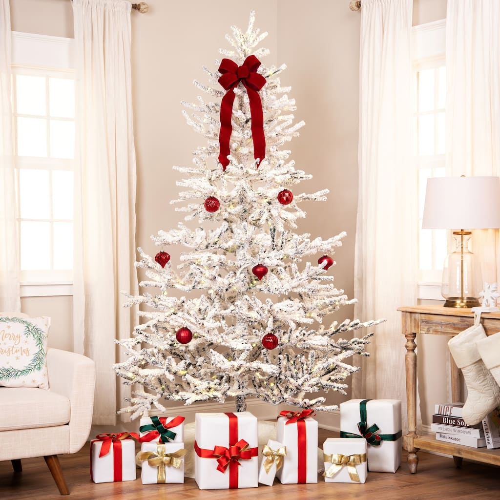 Pre-Lit Medium IPT Artificial Flocked Garden Christmas Tree - 6.5' - Warm White LED Lights - 6.5 Foot
