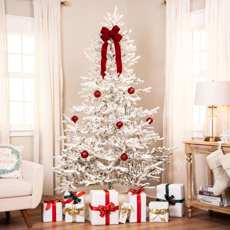 Pre-Lit Medium IPT Artificial Flocked Garden Christmas Tree - 7.5' - Warm White LED Lights - 7.5 Foot