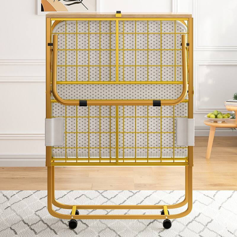 Mixoy Folding Bed with Mattress,Headboard,Dust Cover,Gold Metal Frame