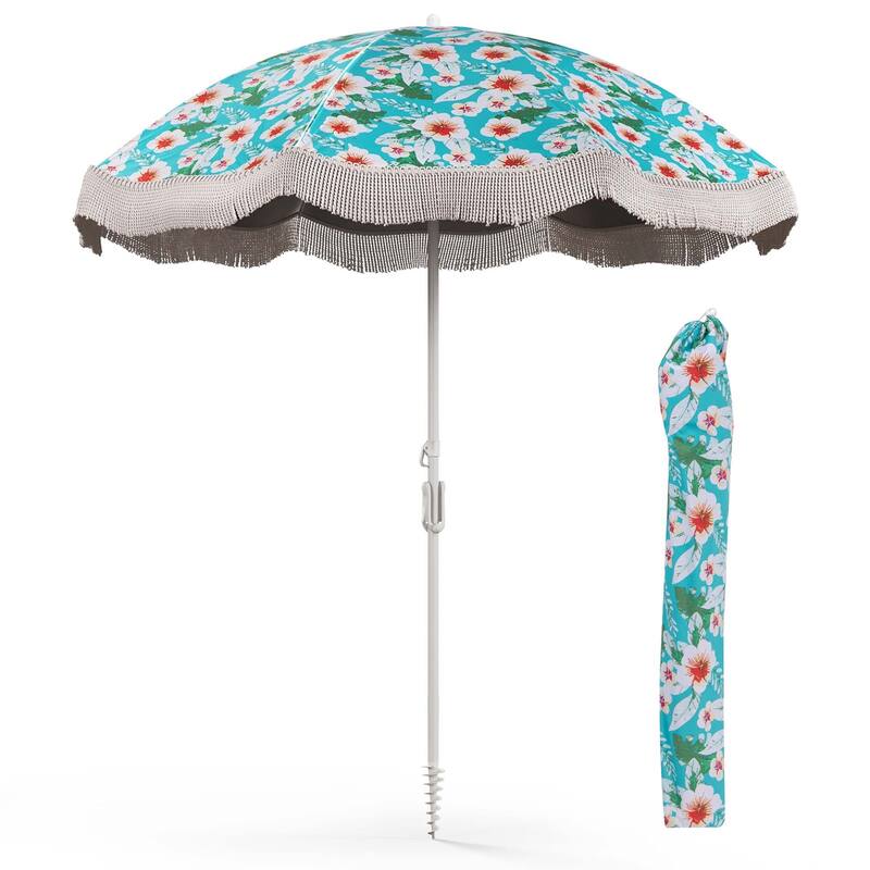 6.5 FT Outdoor Fringe Patio Umbrella w/ Carrying Bag & Push Button - Green