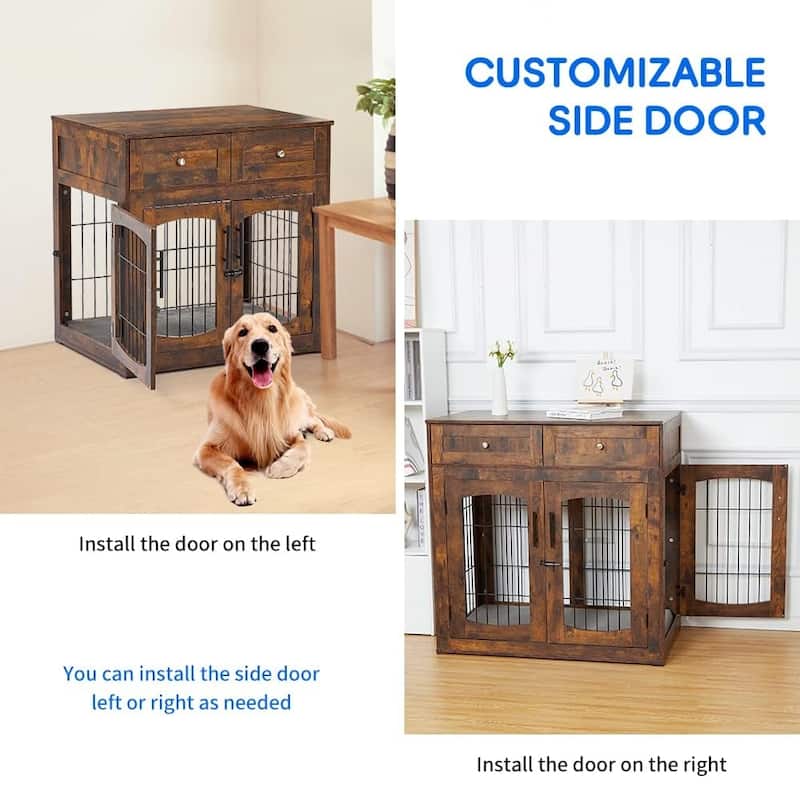 Dog Crate Furniture with Drawers, Wooden Kennel Table with 3 Doors
