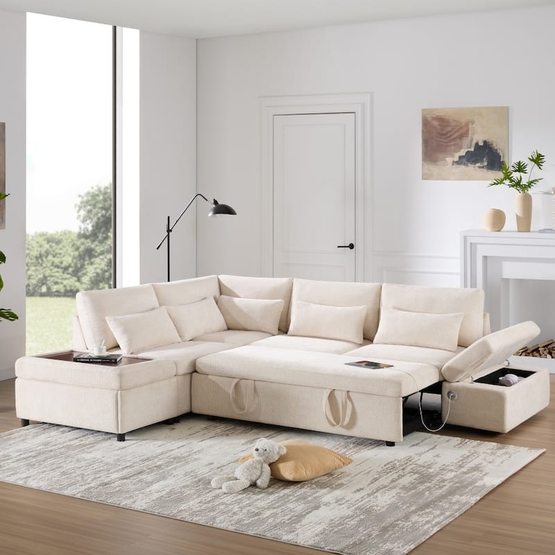 107'' Modular Chenille L-shape Sectional Sofa with Pull-out Sofa and Storage Ottoman - Beige