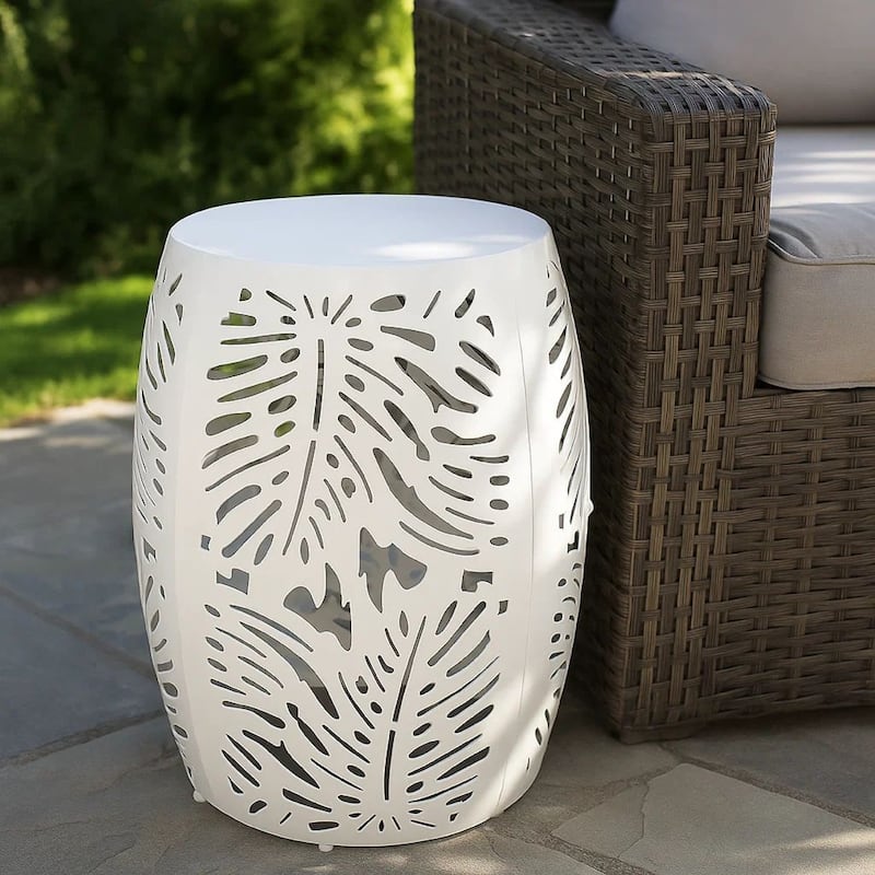 Miami Outdoor End Table Stool, Palm Leaf Pattern, White Iron, 17 Inch