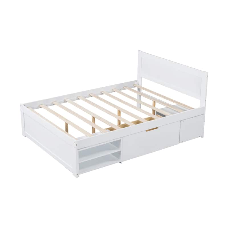 Modern Style Platform Bed with Drawer and Two Double-layer Storage Shelves for Bedroom
