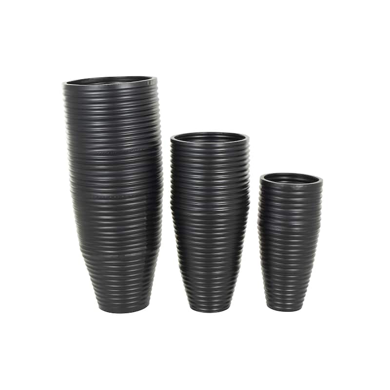Black Metal Ribbed Tall Floor Decorative Vase with Horizontal Grooves (Set of 3)