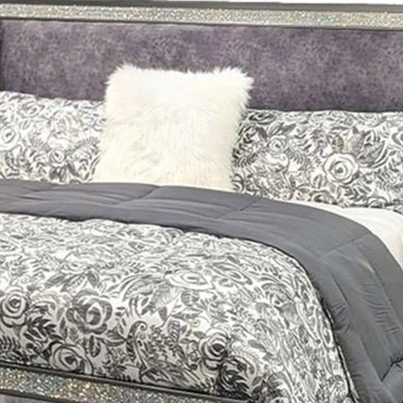 Laine Full Bed, Glam Crystal Acrylic Trim, Gray Fabric Upholstered