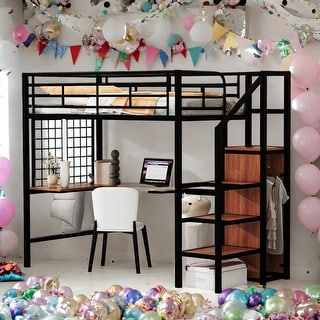 Twin Size Loft Bed With Desk,Lateral Storage Ladder and Wardrobe for Home