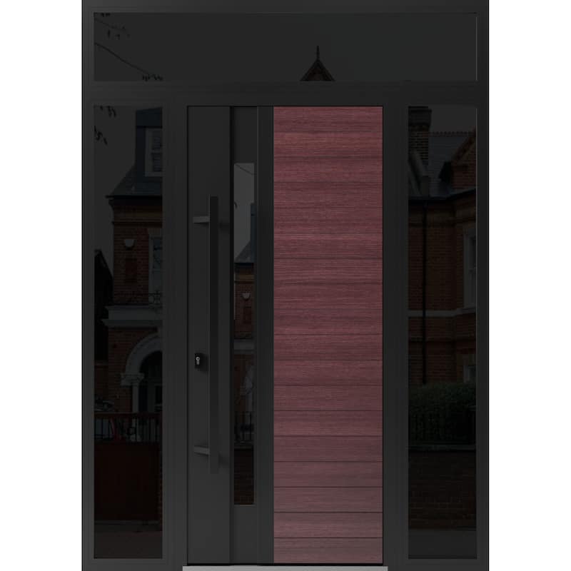 Front Exterior Prehung Steel Door Ronex 0162 Red Oak Entry Metal Painted W36xH80 Left hand Inswing - Red - 68 x 96