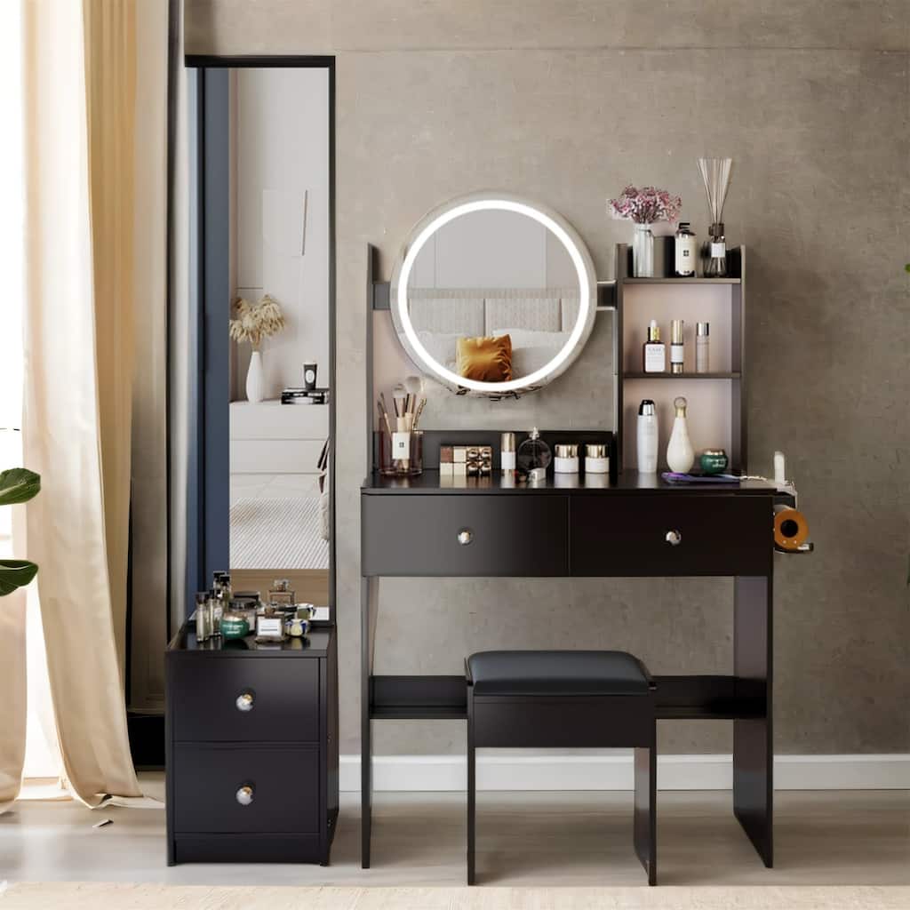 Vanity Set with Adjustable Light, Built-in Socket, Full-Length Mirror