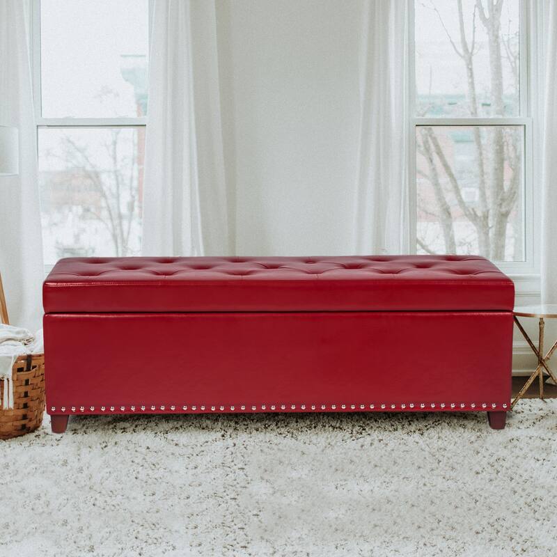 Adeco 46" Faux Leather Storage Ottoman Bench with Nailhead Trim
