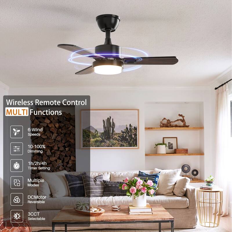 Modern Farmhouse Large Ceiling Fan with Integrated Light and Remote, Ceiling Fan with Timer and 6-speed Wind