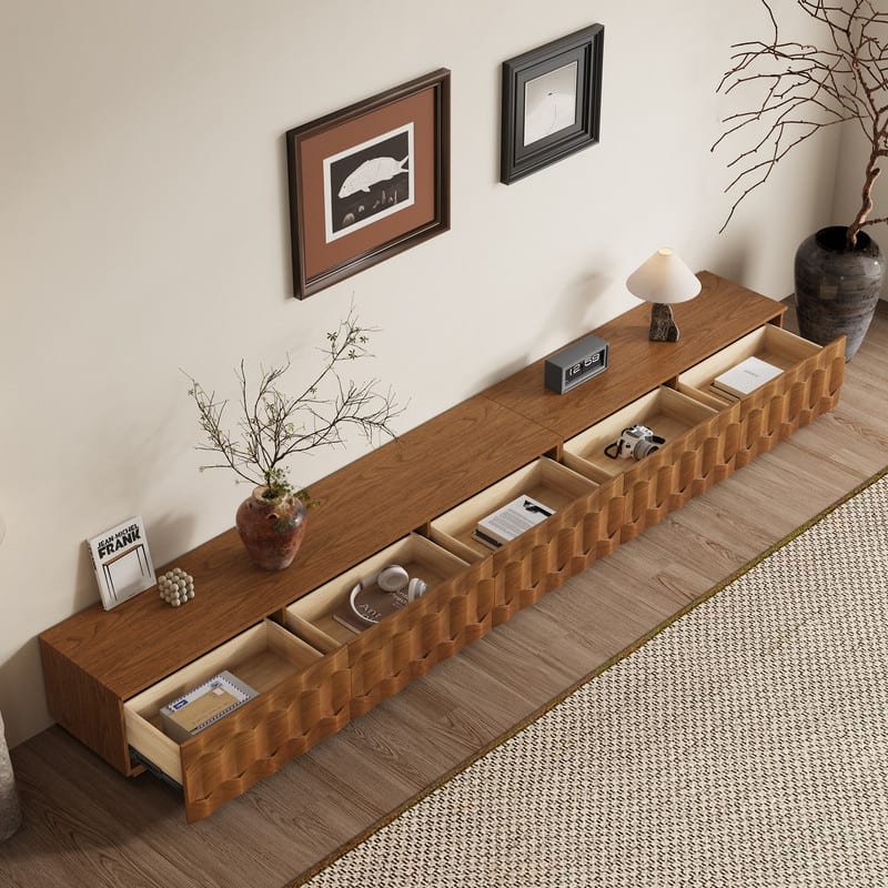 Mid Century Brown Wood TV Stands, Not Assembled Need, Media Console with 3-6 Drawers for Optional