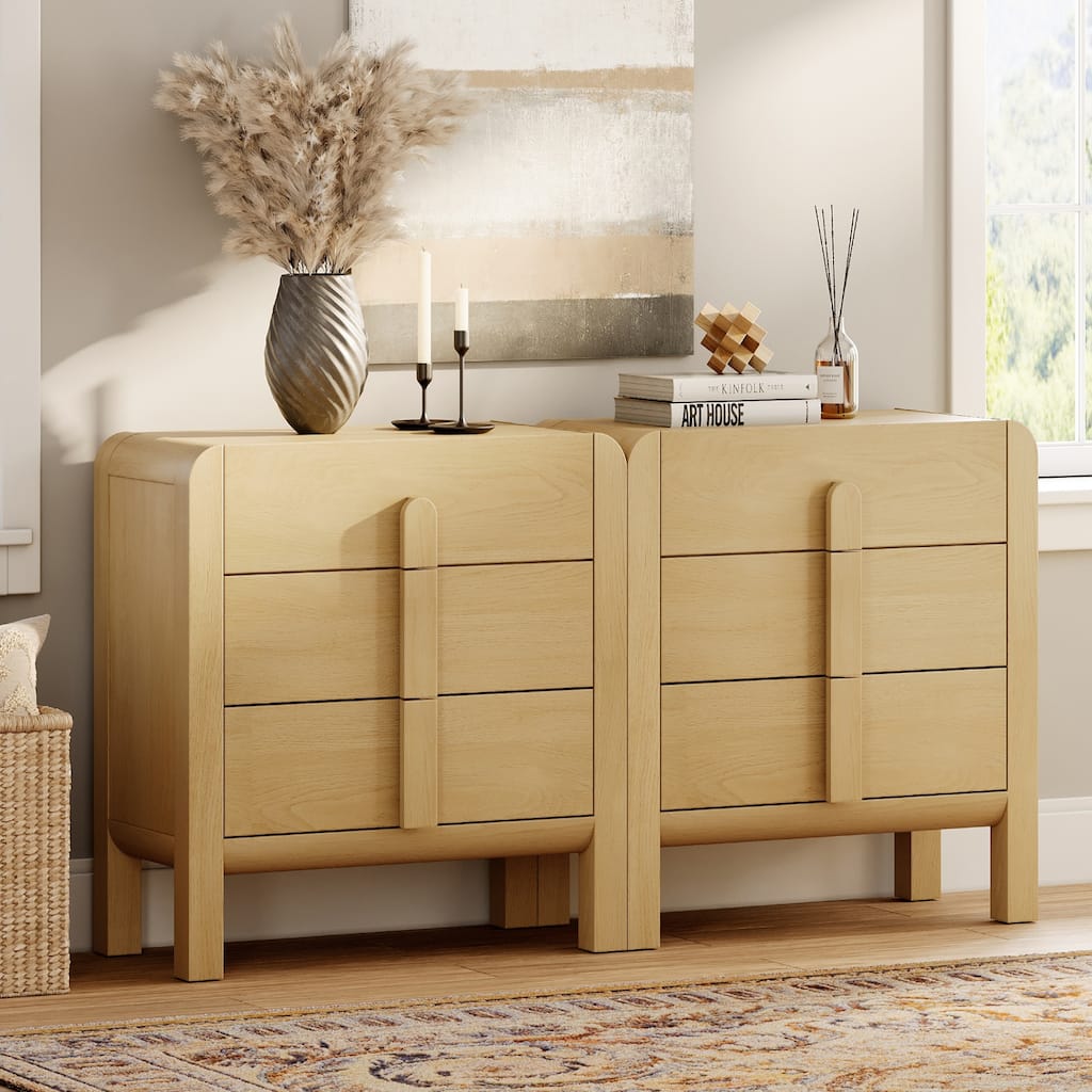 WAMPAT 3 Drawer Curved Dresser For Bedroom Set Of 2, Mid Century Modern Chest Of Drawers, Wood 6 Drawer Dresser