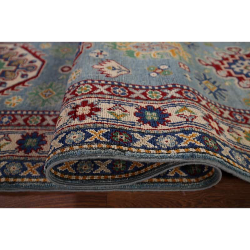 Light Blue Kazak Oriental Runner Rug Handmade Geometric Wool Carpet - 2'7" x 12'7"