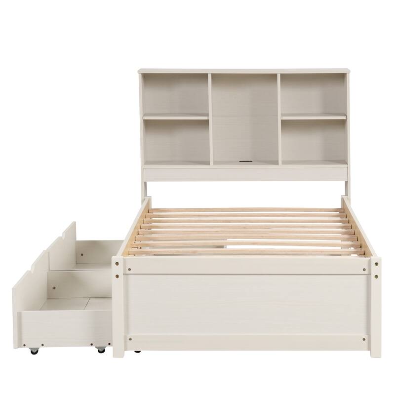 Modern Twin Size Bed Frame with USB Port, Bookcase Headboard & 2 Drawers in White Washed Finish