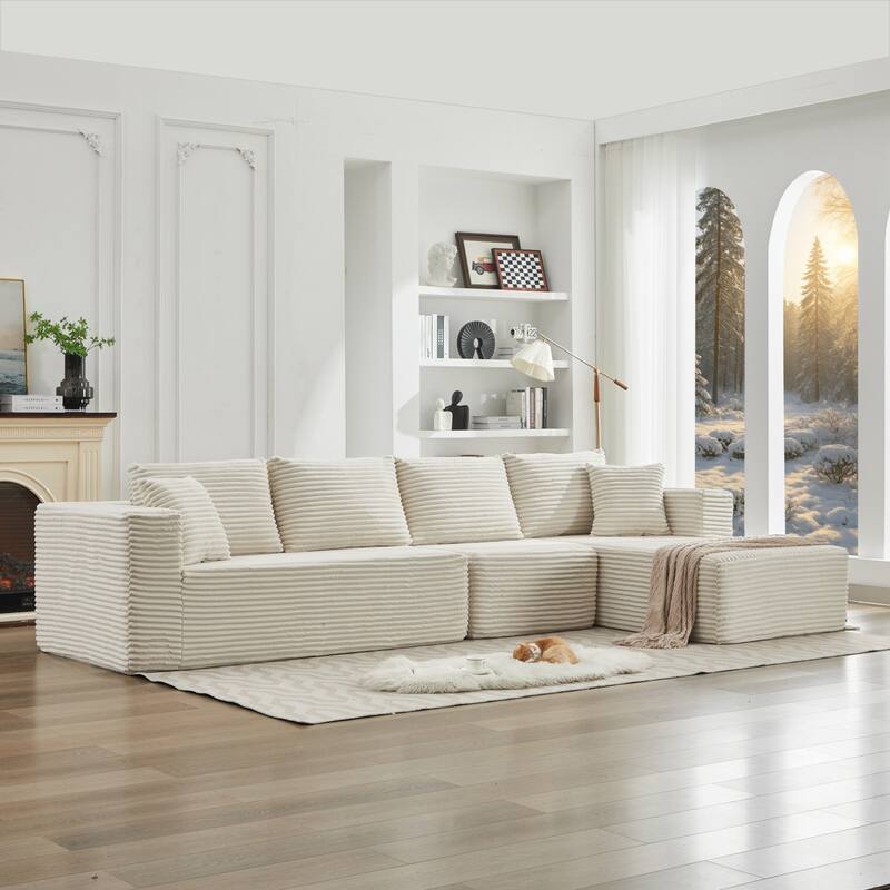 106" L-Shape Sectional Couch with Right Facing Chaise, Deep Seat Modern Sofa, Beige Corduroy, No Assembly