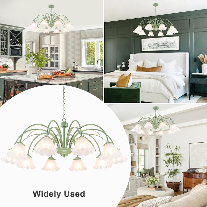 Botanical Green Chandelier with Floral Frosted Glass Shades