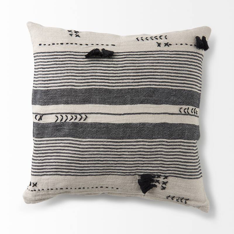 Thalia 13L x 21W Dark Gray and Cream Fabric Striped and Fringed Decorative Pillow Cover