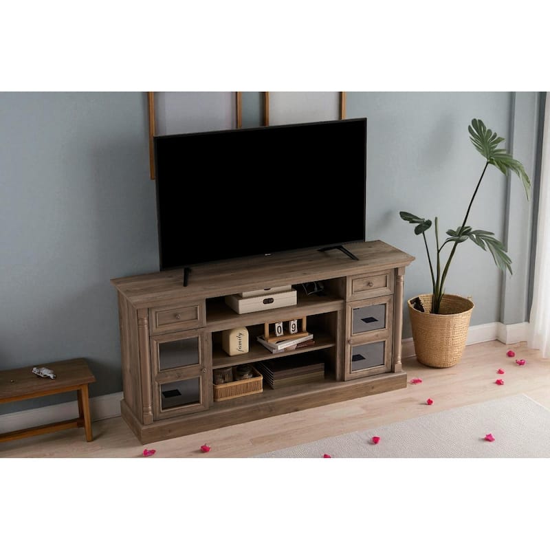 70 Inch Farmhouse Fireplace TV Stand for TVs up to 80 Inches, Media Console with Roman Column Design and LED Lights