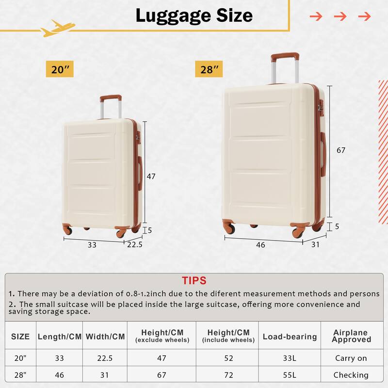 Luggage Sets 2 Piece Suitcases, ABS Hardshell Luggage with TSA Lock and Bags Expanable Spinner Wheels, Durable Travel Luggage