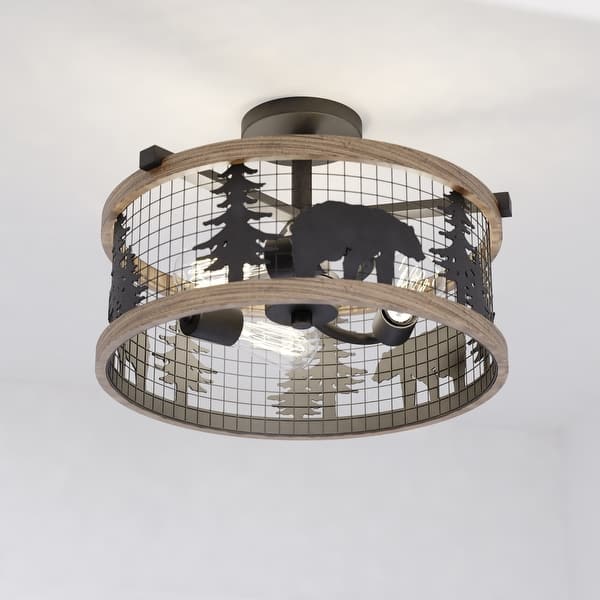 slide 2 of 14, Kodiak 16-in W Black and Teak Rustic Semi Flush Mount Ceiling Light Bear and Tree Motif - 16-in W x 10.75-in H x 16-in D Black and Burnished Teak - 16-in W x 10.75-in H x 16-in D