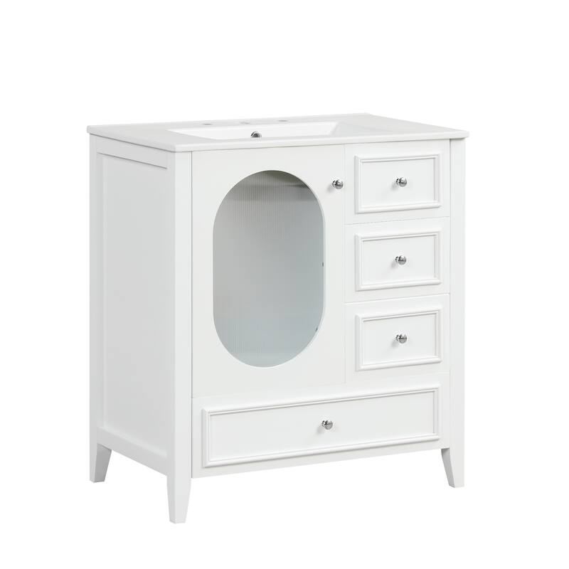 30" Bathroom Vanity with Sink, Bathroom Vanity Cabinet with Three Drawers and Door, Solid Wood and MDF, White
