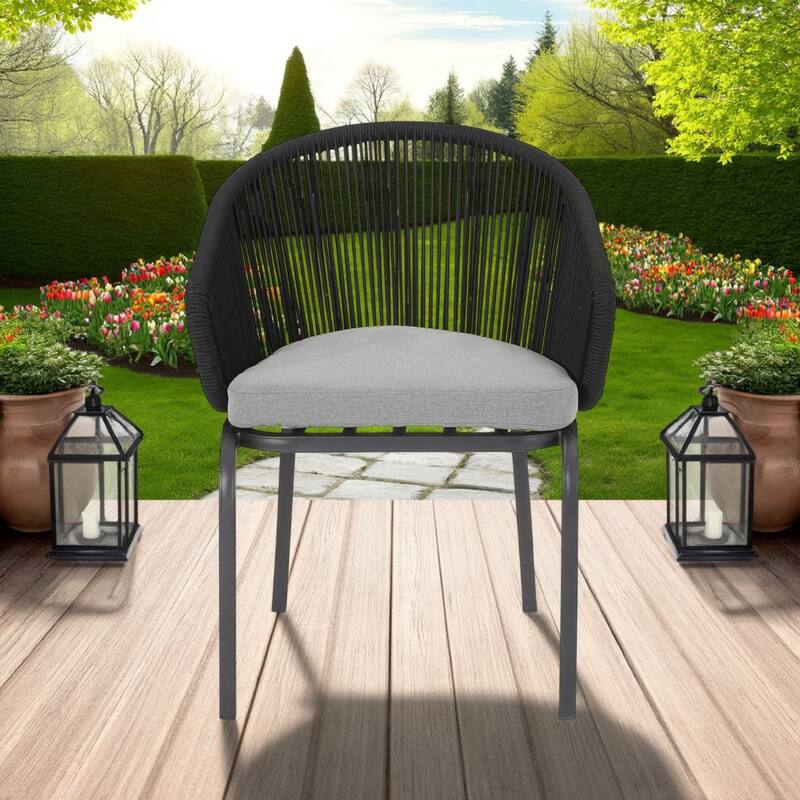 Candy Outdoor Dining Chair Set of 2, Gray Fabric, Black Metal, Woven Rope