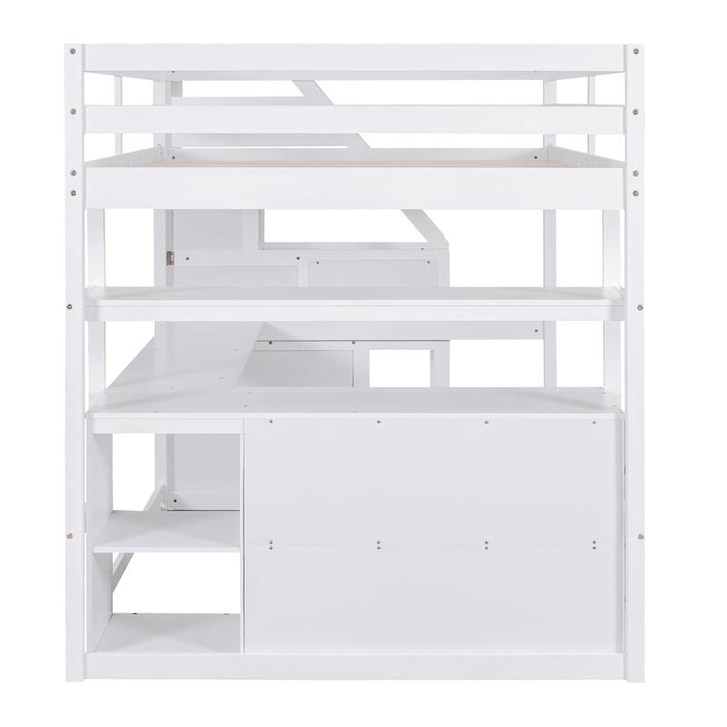 Full Size Loft Bed with Desk, Shelves, Drawers, and Storage Staircase in White