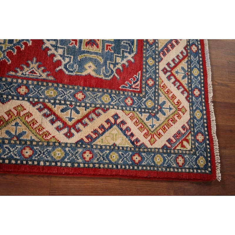 Geometric Kazak Accent Rug Hand-Knotted Red Wool Carpet - 3'3" x 4'9"